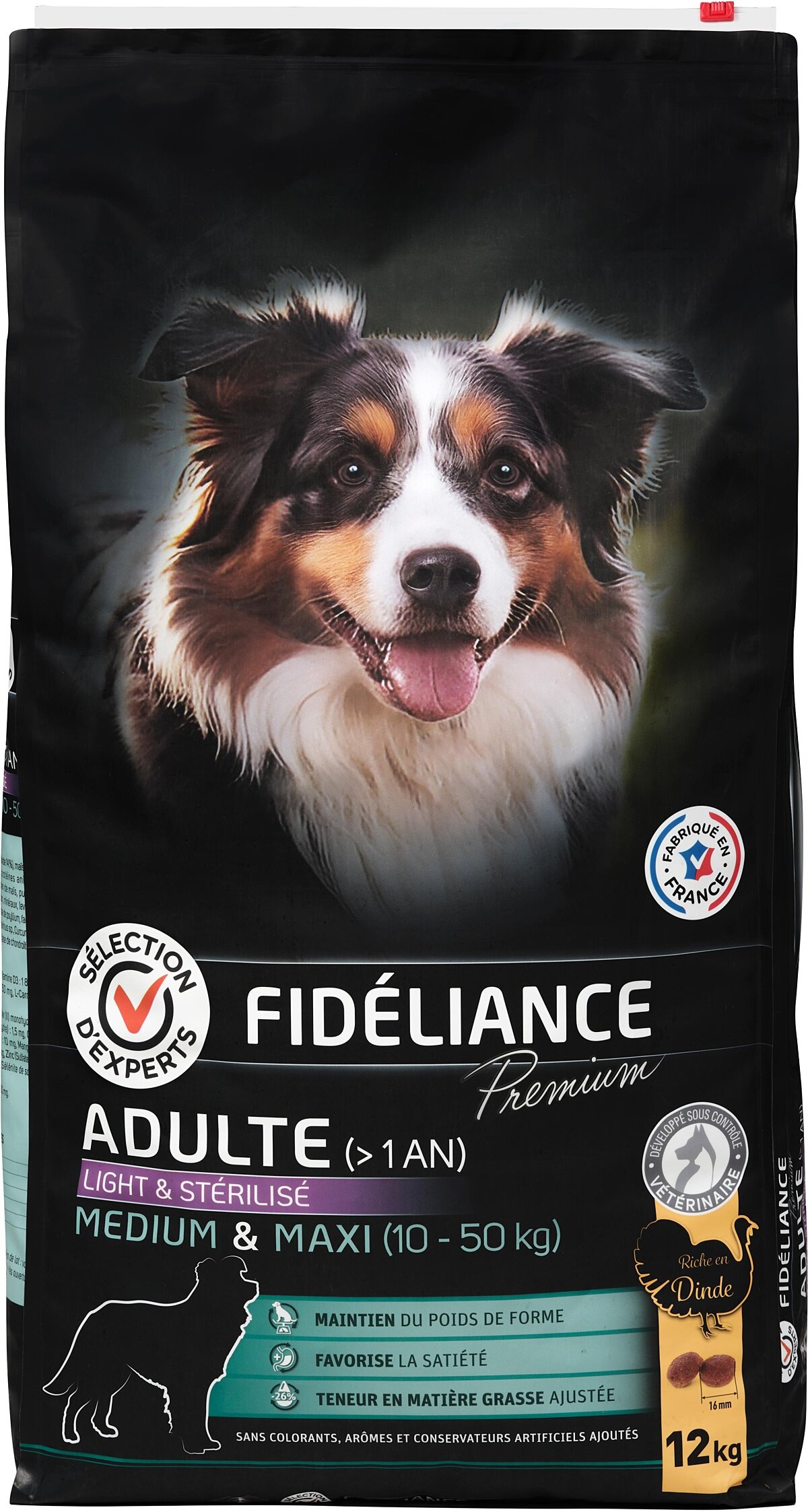 Croquettes chien adulte riche en dinde light & stérilisé, Medium & Maxi, 12kg - Sélection d'Experts - Fidéliance Premium