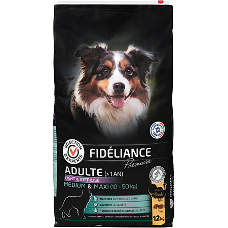 Croquettes chien adulte riche en dinde light & stérilisé, Medium & Maxi, 12kg - Sélection d'Experts - Fidéliance Premium