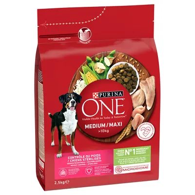 PURINA ONE Medium/Maxi > 10kg Contrôle du Poids / Chiens stérilisés, Riche en Dinde avec du Riz