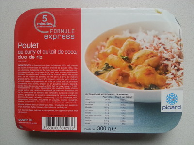 Poulet au curry et au lait de coco, duo de riz, surgelés.